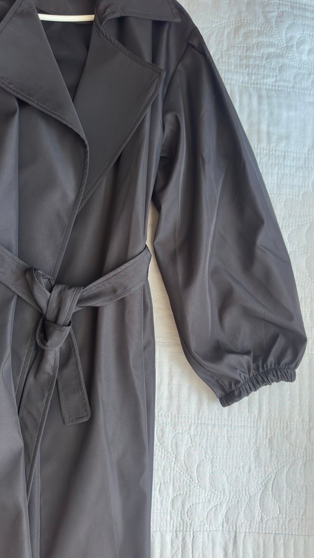 Siyah Kadın Uzun Trençkot Drapeli - Görsel 4