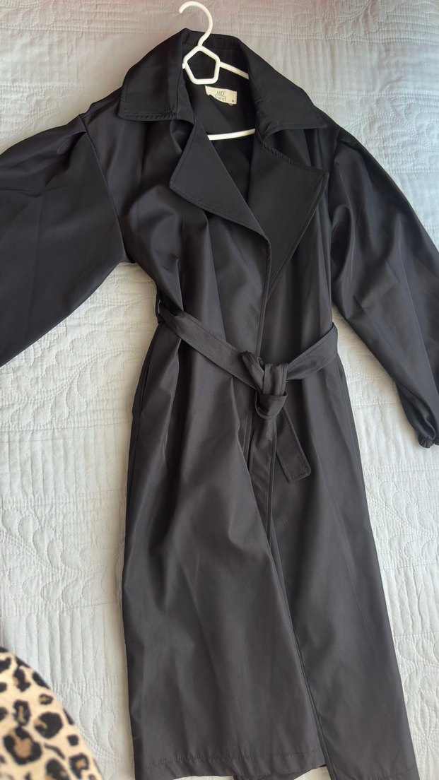 Siyah Kadın Uzun Trençkot Drapeli - Görsel 3