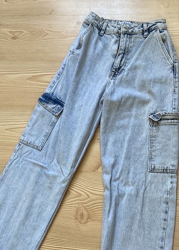Buz mavisi kargo cepli Yüksekbel kot pantolon - Görsel 3