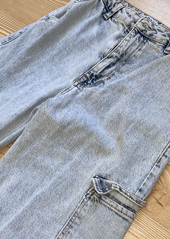 Buz mavisi kargo cepli Yüksekbel kot pantolon - Görsel 4
