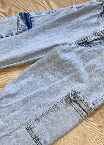 Buz mavisi kargo cepli Yüksekbel kot pantolon - Görsel 2