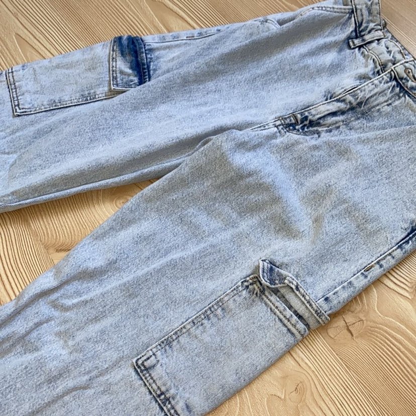 Buz mavisi kargo cepli Yüksekbel kot pantolon - Görsel 2