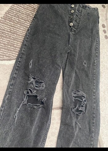 Düğmeli Gri Bol Kesim Kadın Kot Pantolon - Görsel 2