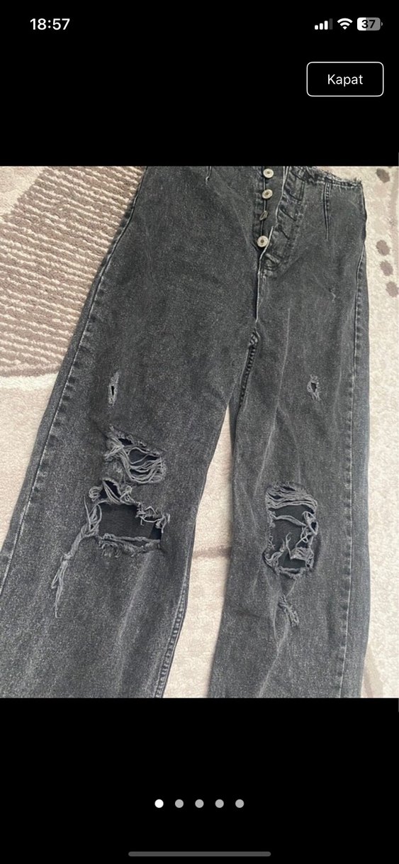 Düğmeli Gri Bol Kesim Kadın Kot Pantolon - Görsel 2