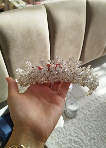 İnci ve Kristal İşlemeli Beyaz Gelin Tacı - Görsel 2