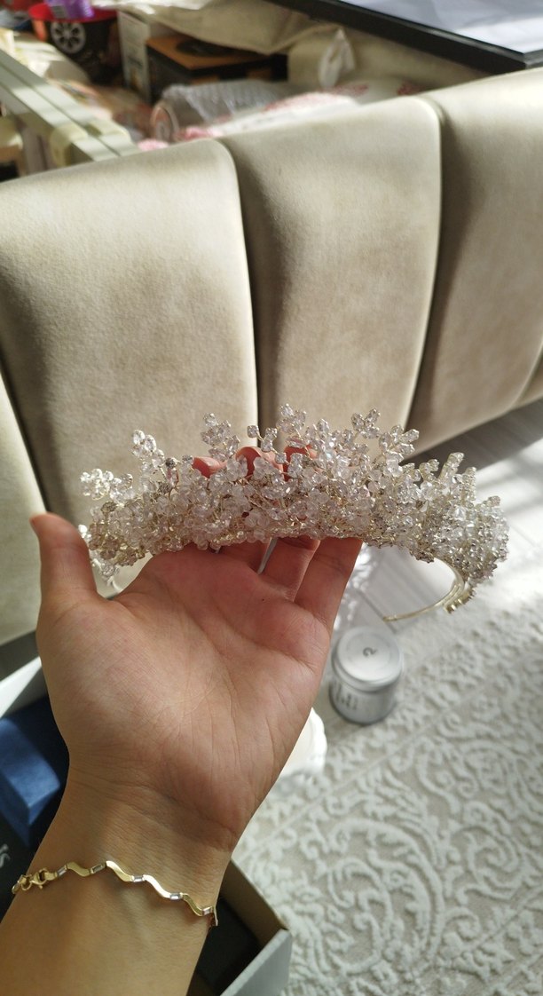 İnci ve Kristal İşlemeli Beyaz Gelin Tacı - Görsel 2
