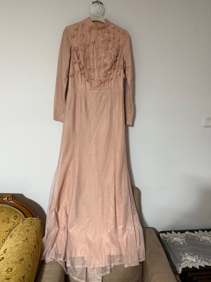 Gül işlemeli Yüksek Yaka Bohem Uzun Elbise - Görsel 2