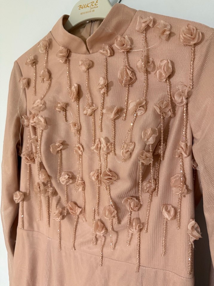 Gül işlemeli Yüksek Yaka Bohem Uzun Elbise - Görsel 3