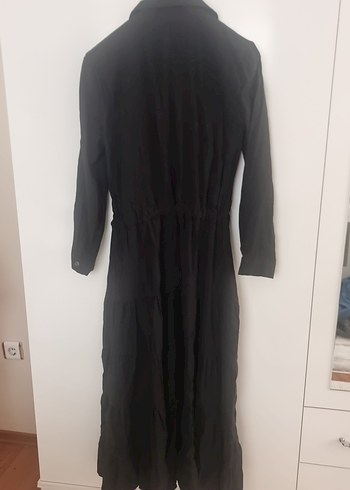 l Beden siyah Renk Siyah Düğmeli Kadın Keten Uzun Elbise