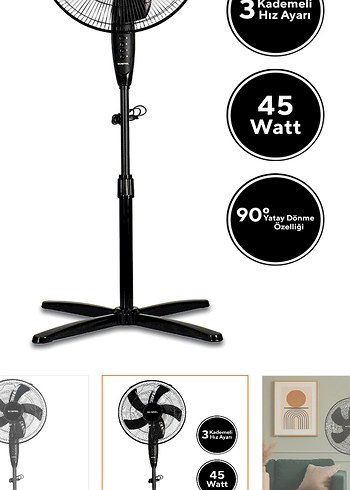 45 Watt 3 Kademe Ayarlı Siyah Ayaklı Vantilatör