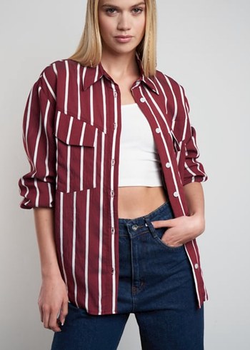 Bordo Çizgili Uzun Kollu Denim Gömlek