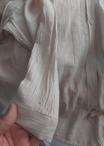 Bej Kadın Keten Gömlek, Düğmeli, Salaş Kesim - Görsel 2