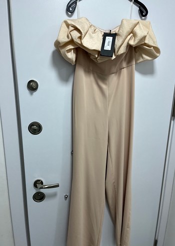 Bej Drapeli Uzun Abiye Kadın Tulum - Görsel 2