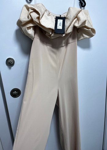 Bej Drapeli Uzun Abiye Kadın Tulum - Görsel 4