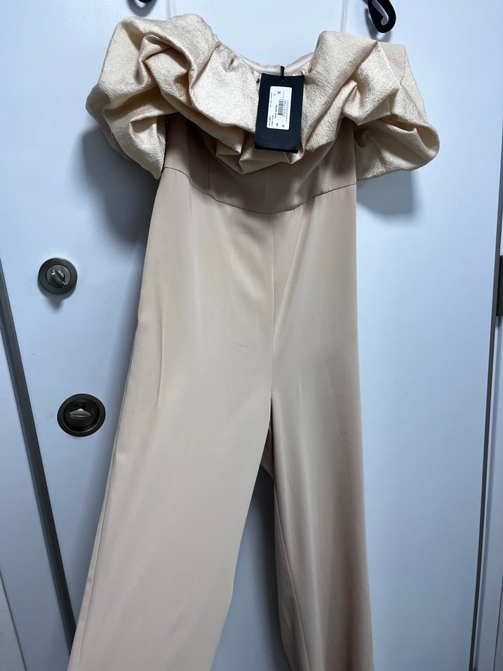 Bej Drapeli Uzun Abiye Kadın Tulum - Görsel 4