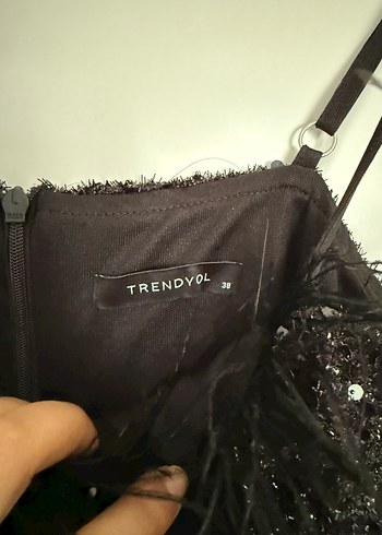 Trendyol & Milla Tüylü Detaylı Siyah Mini Abiye Elbise