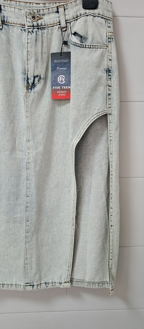 Gri Uzun Denim Etek Yırtmaçlı - Görsel 2