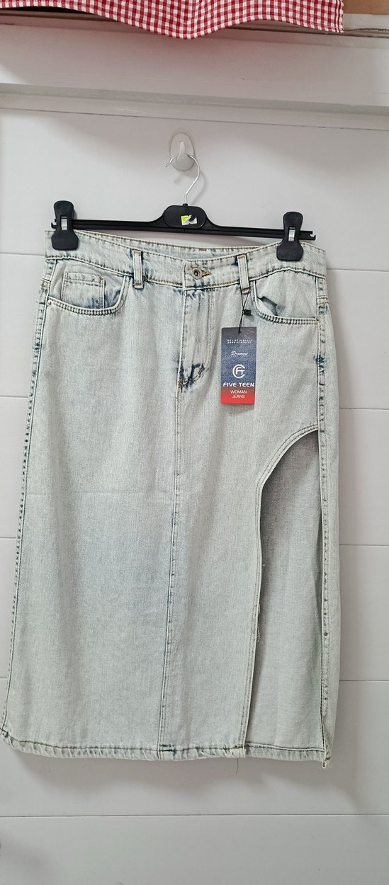 Gri Uzun Denim Etek Yırtmaçlı - Görsel 5