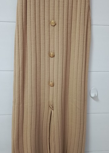 Düğmeli Bej Uzun Triko Etek - Görsel 2