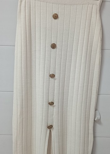 Düğmeli Beyaz Triko Uzun Etek - Görsel 7