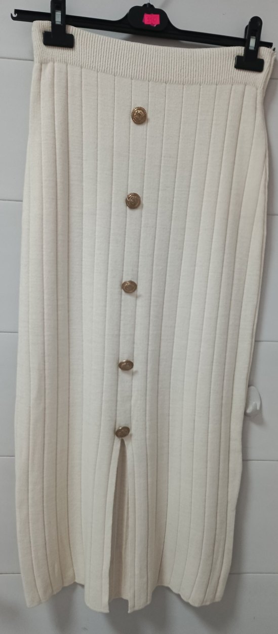 Düğmeli Beyaz Triko Uzun Etek - Görsel 3