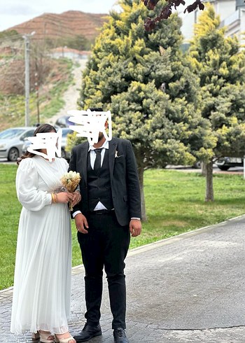 Drapeli Beyaz Uzun Kollu Abiye Elbise