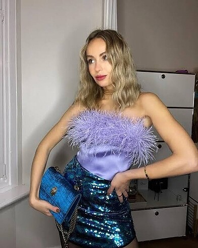 Zara Zara Lila Devekuşu Tüylü Crop Büstiyer M Beden