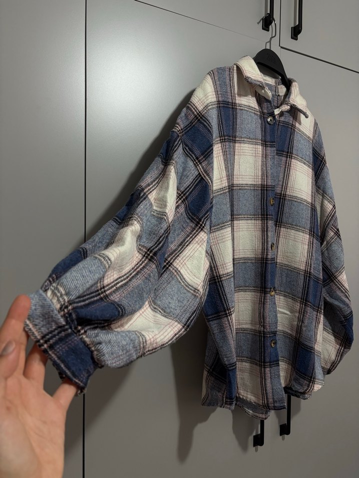 Kadın Gri Kareli Pamuklu Gömlek - Görsel 3