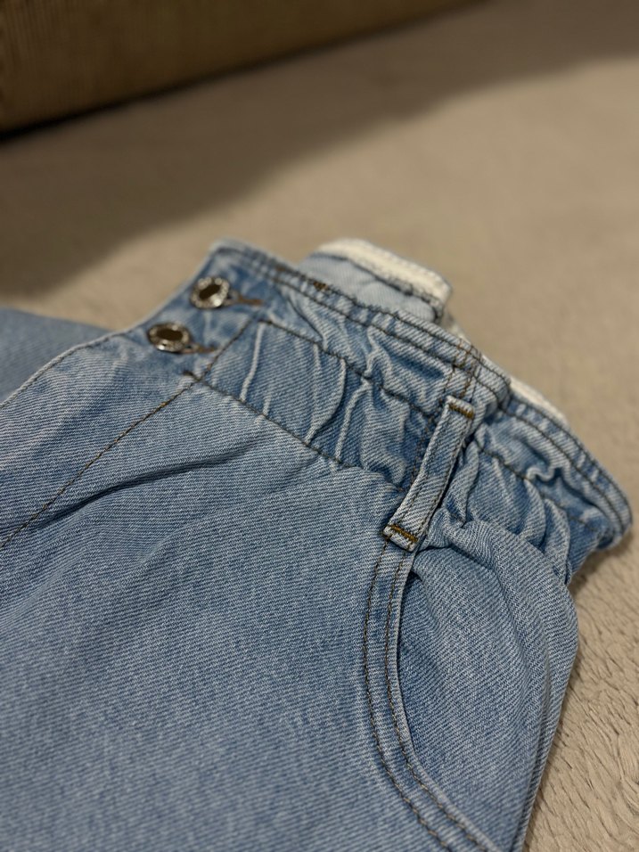 Düğmeli Mavi Bol Kesim Midi Kot Pantolon - Görsel 4