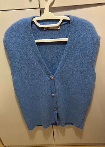 Mavi Düğmeli Kolsuz Midi Hırka - Görsel 2