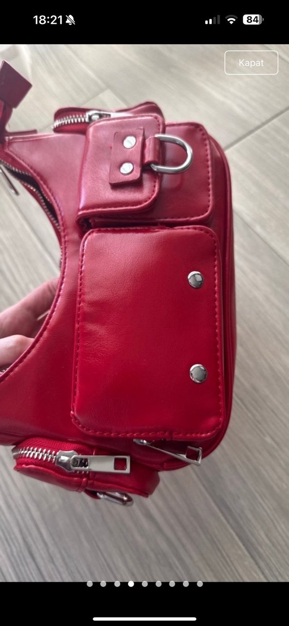 Fermuarlı Parlak Kırmızı Deri Kadın Çanta - Görsel 2