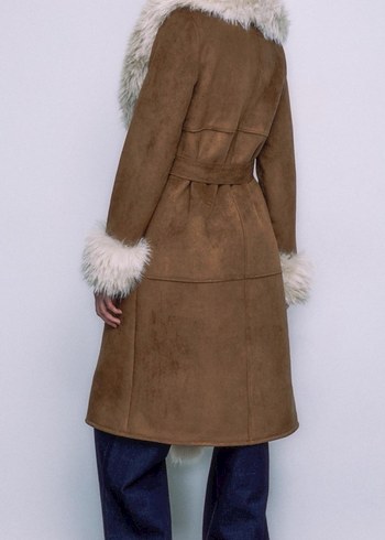 Kahverengi Süet Yakası Kürklü Uzun Kadın Kaban - Görsel 6