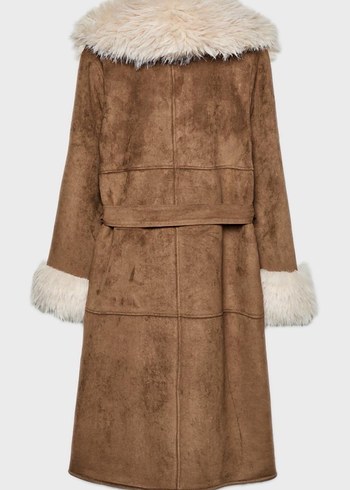 Kahverengi Süet Yakası Kürklü Uzun Kadın Kaban - Görsel 5