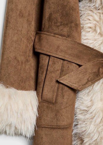 Kahverengi Süet Yakası Kürklü Uzun Kadın Kaban - Görsel 4