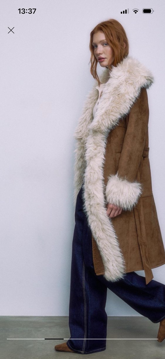 Kahverengi Süet Yakası Kürklü Uzun Kadın Kaban - Görsel 2