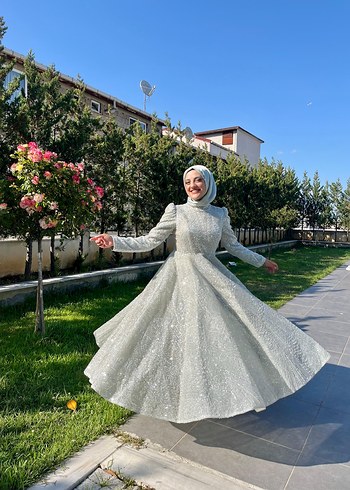 Bordo Uzun Kollu Drapeli Abiye Elbise