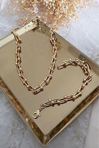 Kadın 2?li Gold Kaplama Lüx Tiffany Blanca Model Kalın Zincir Ko