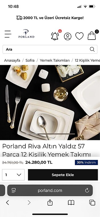 Porland Riva Altın Yaldızlı 57 Parça 12 Kişilik Yemek Takımı