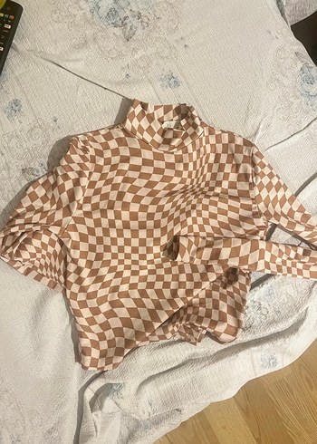 Dama desenli damali Kareli Kadın Bluz crop top - Görsel 4