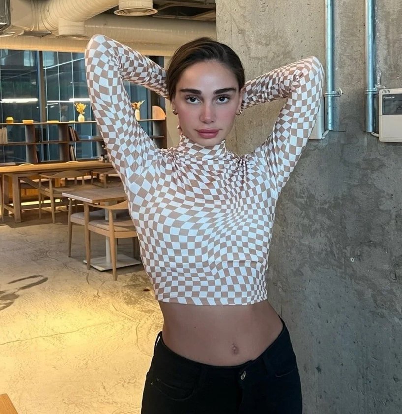 Dama desenli damali Kareli Kadın Bluz crop top - Görsel 3