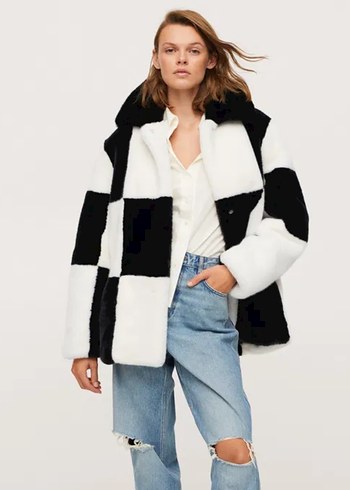 Mango Siyah Beyaz Kareli Kürk Ceket dama damali - Görsel 2