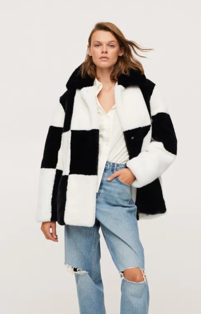 Mango Siyah Beyaz Kareli Kürk Ceket dama damali - Görsel 2