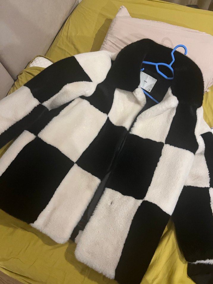 Mango Siyah Beyaz Kareli Kürk Ceket dama damali - Görsel 4