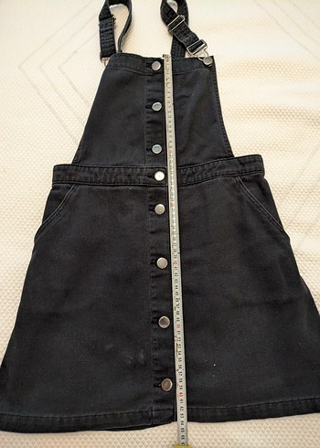 Düğmeli Siyah Denim Kısa Elbise Salopet - Görsel 3
