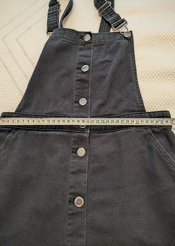 Düğmeli Siyah Denim Kısa Elbise Salopet - Görsel 2