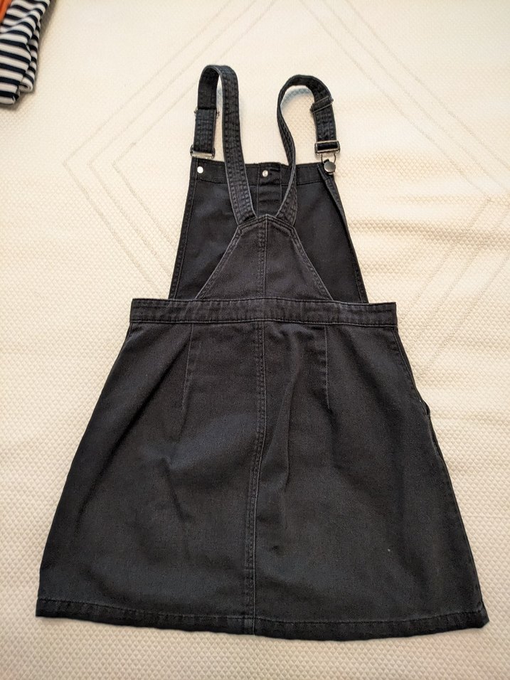 Düğmeli Siyah Denim Kısa Elbise Salopet - Görsel 5