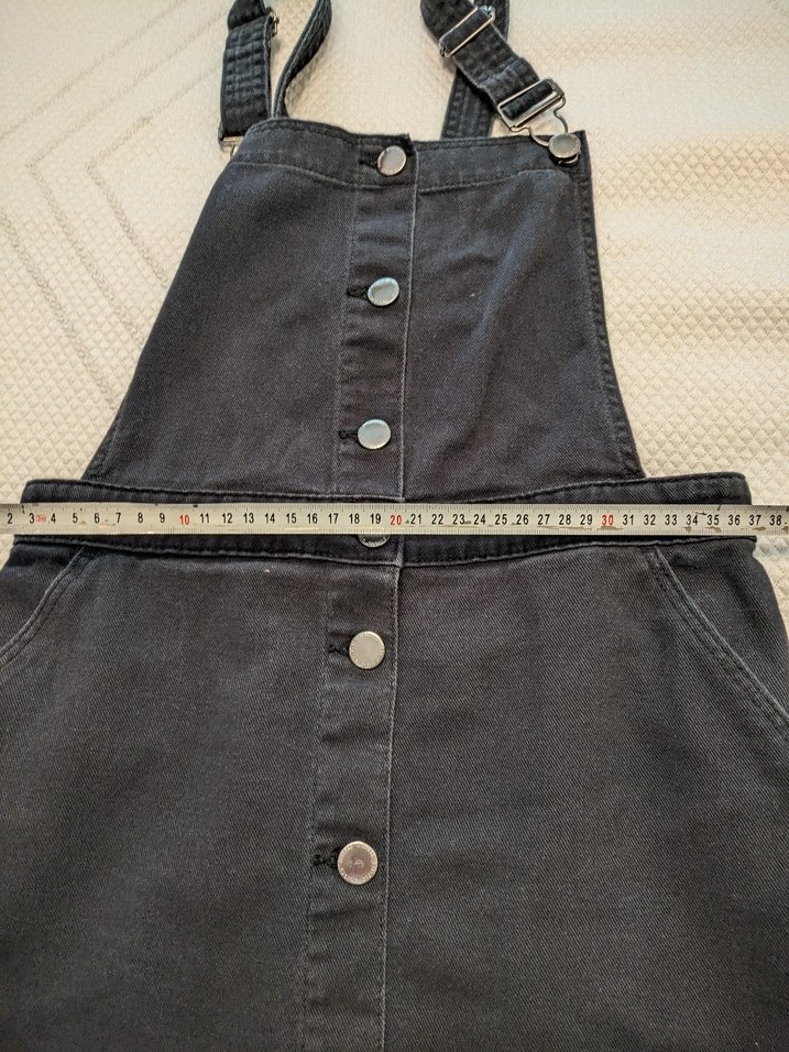 Düğmeli Siyah Denim Kısa Elbise Salopet - Görsel 2