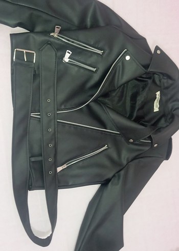 Siyah Kadın Deri Biker Ceket - Görsel 4