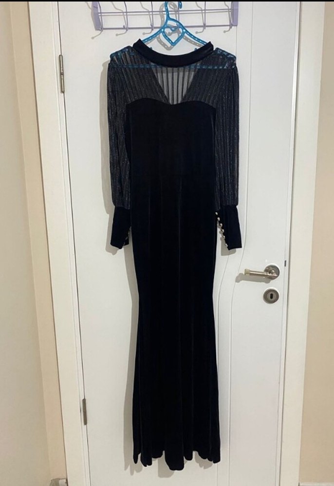 Uzun Siyah V Yakalı Gotik Abiye Elbise - Görsel 5