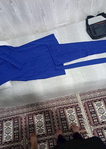 Kadın Mavi Kumaş Pantolon, Kemerli, Uzun - Görsel 4